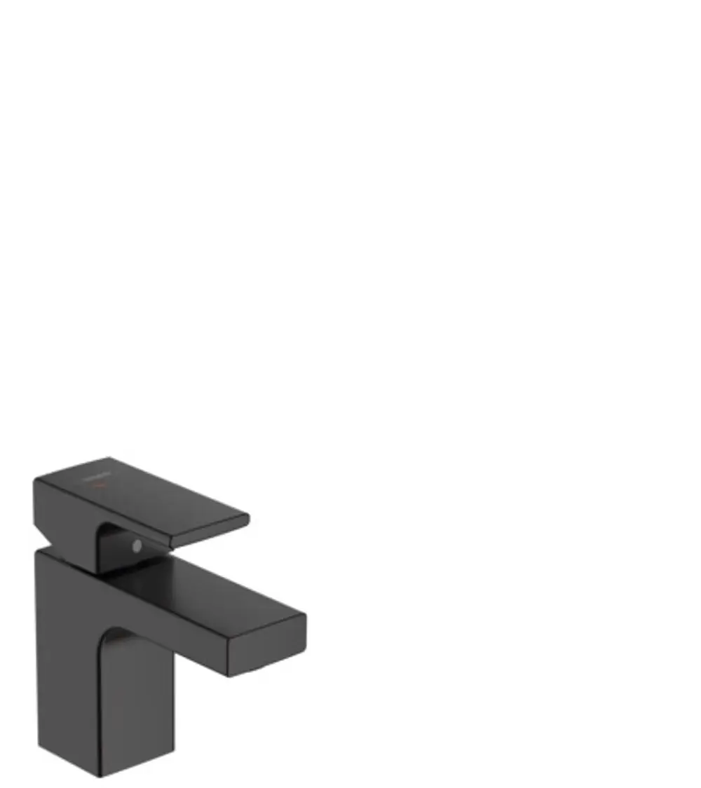 Waschtischmischer in mattschwarz von Hansgrohe mit einem flachen Hebel und breiter Auslauffläche, gestaltet für moderne Badezimmer.